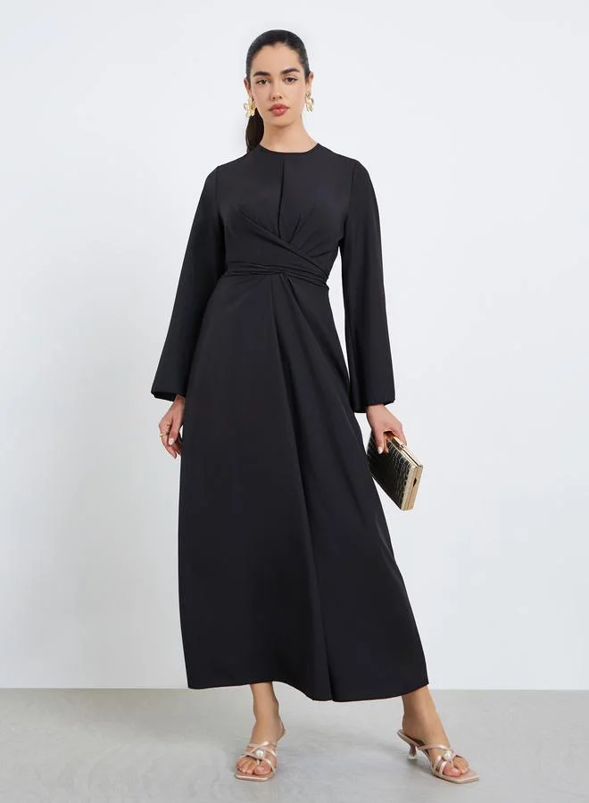 Styli  Women Black A-Line Wrap Midi Dress for Women | Best Price UAE